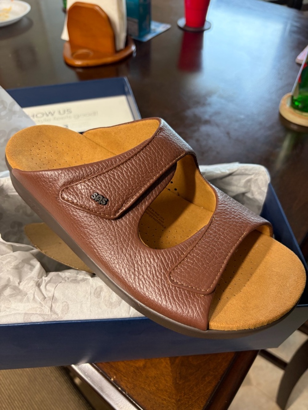 SAS Brown Leather Dual-Strap Comfort Slide
